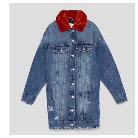 ZARA Oversized Denim Jacket with Red Faux Fur Collar and Leopard Interior - Picture 3 of 9